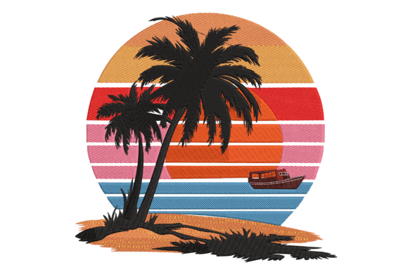 Evaluating the Tropical Sunset Palms Boat Embroidery Design